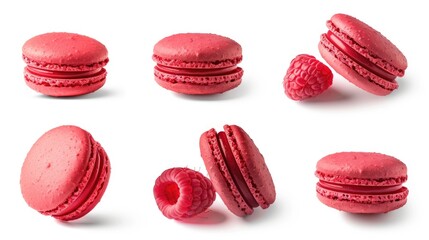 Wall Mural - Delicious raspberry macarons and fresh raspberries on a clean white background. Perfect for food bloggers or dessert recipes