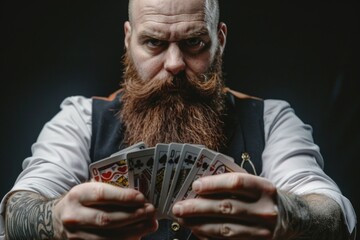 Poster - A man with a beard holding playing cards, suitable for gambling or leisure activities