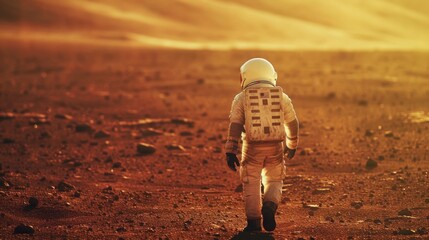 Poster - A man in a space suit walking across a desert. Suitable for science fiction or exploration concepts