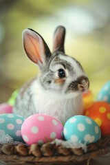 Canvas Print - Cute rabbit sitting in a basket with colorful Easter eggs. Perfect for Easter holiday designs