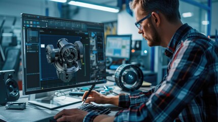 Aufkleber - A man working on a computer in a factory. Ideal for industrial and technology concepts