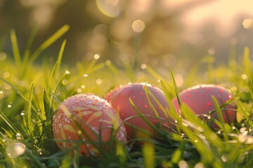 Poster - Three pink Easter eggs sitting in the grass, perfect for Easter holiday designs