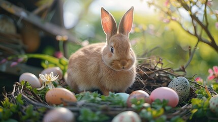 Poster - A cute rabbit sitting in a nest with eggs, perfect for Easter themes