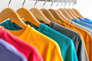 Wall Mural - Colorful shirts hanging on a rack, suitable for fashion or retail concepts