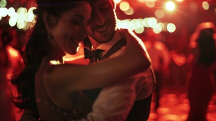 Poster - A man and a woman dancing at a lively party. Perfect for event and celebration concepts