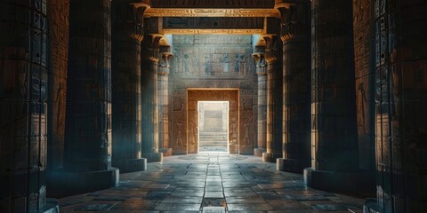 Poster - A spacious hallway with columns and a closed door. Suitable for interior design concepts