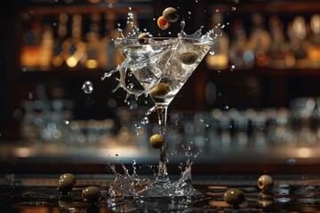 Poster - A martini glass with olives splashing out, perfect for cocktail party invitations