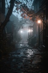 Poster - A mysterious dark alley with a street light in the fog. Ideal for urban and mystery-themed designs
