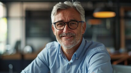 Poster - A man with glasses sitting at a table. Suitable for business concepts