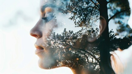 Poster - Close-up of a woman's face with a tree in the background. Suitable for nature or beauty concepts