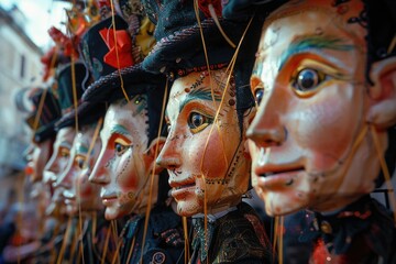 Aufkleber - Various masks hanging on strings, ideal for cultural or festive concepts