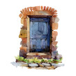 Old wooden door with brick walls. Watercolor illustration. Hand painted vintage style blue wooden door entrance with steps element.