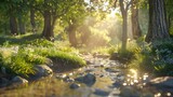 Fototapeta Natura - Tranquil stream flowing through vibrant forest, perfect for nature backgrounds