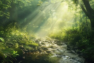 Poster - A peaceful stream flowing through a vibrant green forest. Ideal for nature backgrounds