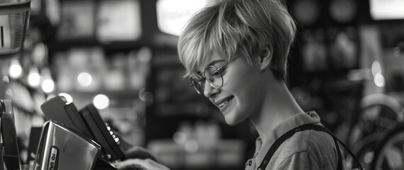 Poster - A woman with glasses holding a pair of scissors. Suitable for various concepts and designs