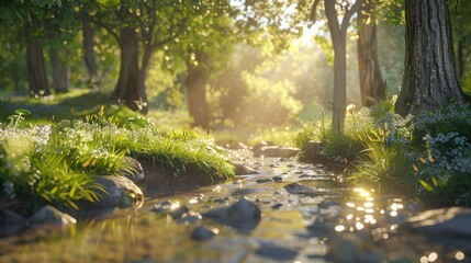 Poster - Tranquil stream flowing through vibrant forest, perfect for nature backgrounds
