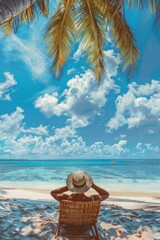 Aufkleber - A person relaxing in a chair under a palm tree on a beautiful beach. Ideal for travel and vacation concepts