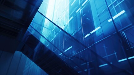 Poster - Blue glass building with a prominent clock, suitable for business concepts