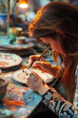 Aufkleber - Woman sitting at table painting on plate, suitable for art and creativity concepts