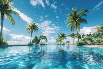 Poster - A serene swimming pool with tropical palm trees in the background. Perfect for travel and leisure concepts