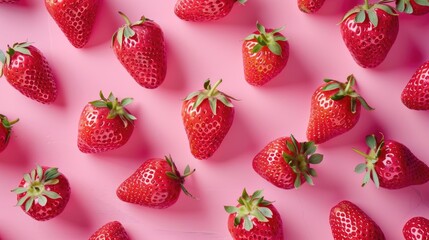 Poster - Juicy strawberries on a vibrant pink background. Perfect for food and summer themed designs