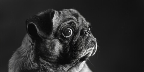 Wall Mural - A cute pug dog captured in a striking black and white photo. Perfect for pet lovers and animal enthusiasts