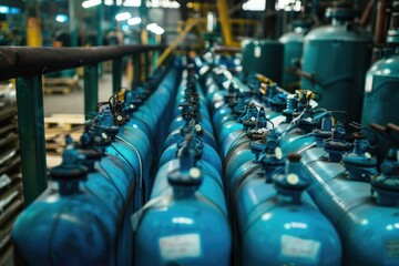 Poster - A row of blue propanents in a factory. Can be used for industrial concepts