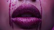   Close-up of a woman's lips, covered in purple liquid, with droplets of water on them