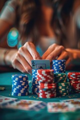Poster - A woman playing a game of poker. Suitable for gambling and leisure concepts