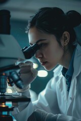 Aufkleber - A woman in a lab coat looking through a microscope. Suitable for educational and scientific concepts