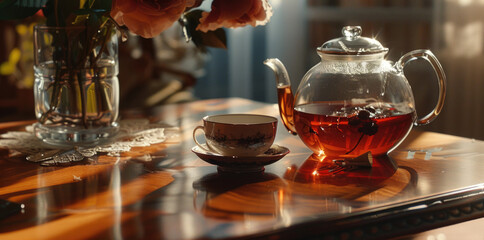 Aufkleber - A tea pot and cup displayed on a table. Ideal for kitchen or tea-related designs