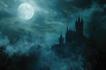Aufkleber - A compact image of a castle in the sky with a full moon in the background. Suitable for fantasy and dream-like concepts