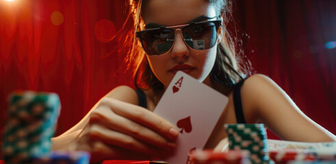 Poster - A woman in sunglasses playing cards at a table. Suitable for casino or gambling concept