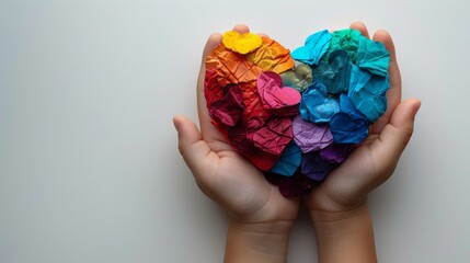 Child's hands holding a multicolored heart on white background with place for your text. World autism awareness day concept.