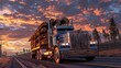 Semi truck driving down highway at sunset. Perfect for transportation industry ads