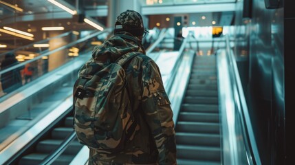 Poster - A man with a backpack standing on an escalator. Suitable for urban transportation concepts