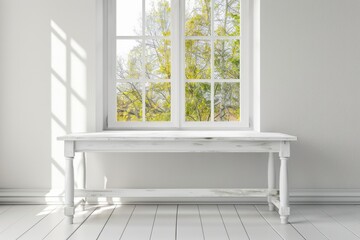 Poster - White bench in front of window, suitable for interior design projects