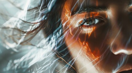 Poster - Close up view of a woman's face with long hair, suitable for beauty and skincare concepts