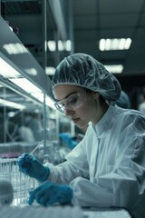 Canvas Print - A woman in a lab coat and goggles working in a laboratory. Suitable for science and research concepts