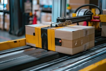 Poster - A box on a conveyor belt in a warehouse. Suitable for industrial or logistics concepts