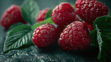 Wall Mural - Ripe raspberries arranged on a wooden table. Ideal for food blogs or recipe websites