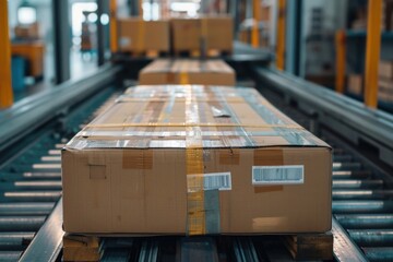 Aufkleber - A box moving along a conveyor belt in a warehouse, suitable for industrial and logistics concepts