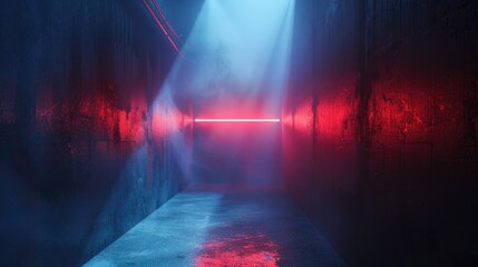 Poster - A red light shining through a dark and mysterious hallway. Perfect for adding intrigue to your projects