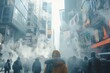 Bustling city street scene where pedestrians wear tech-enhanced masks, Busy city street shrouded in dense Dust and PM2.5, figures in winter attire walk past, steam rising from grates,