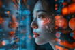 AI interfaces and sustainable tech through eye of high-tech. Young Asian female in front of a digital interface, her profile lit with cybernetic glow, suggesting blend of human essence and technology.