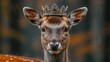   A deer wearing a crown stands in front of a hazy backdrop and gazes into the camera
