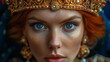   A close-up of a woman with blue eyes wearing a golden tiara on her head
