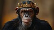   A chimp wearing a gold crown gazes sternly into the camera