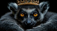   Lemur With Crown On Head - Close-Up On Black Background
