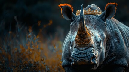 Wall Mural -   A regal rhino adorned with a crown stands proudly amidst tall grass, gazing intently into the lens